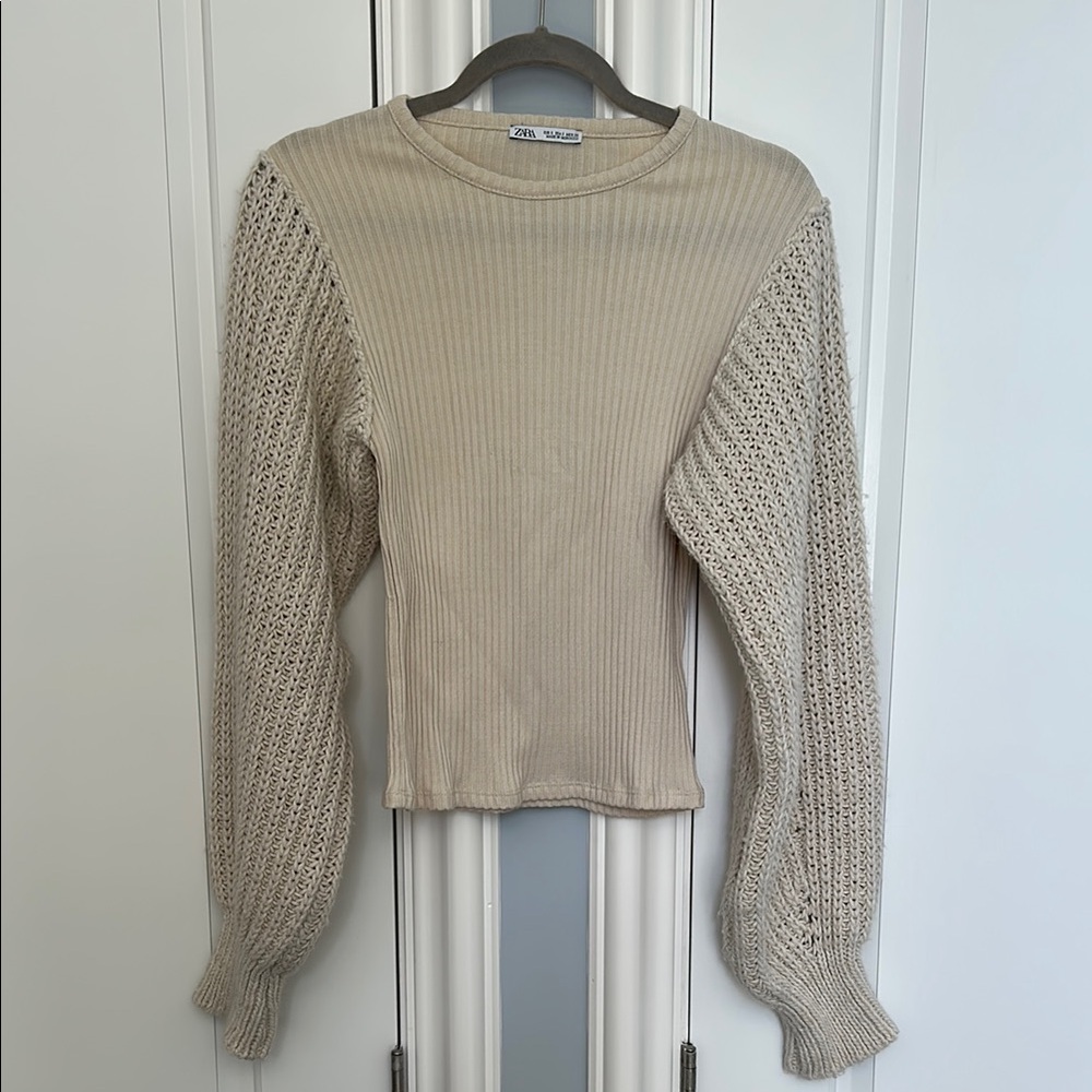 Zara Cream Knit Top with Crochet Sleeves